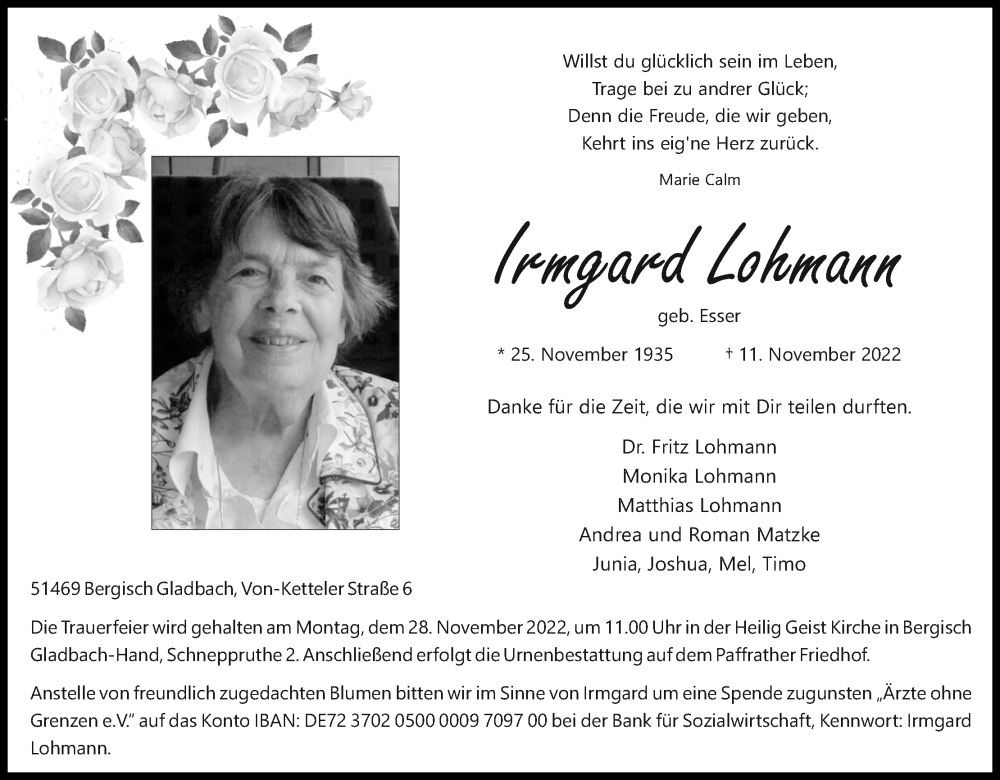  Traueranzeige für Irmgard Lohmann vom 23.11.2022 aus Kölner Stadt-Anzeiger / Kölnische Rundschau / Express