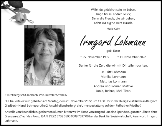 Anzeige von Irmgard Lohmann von Kölner Stadt-Anzeiger / Kölnische Rundschau / Express
