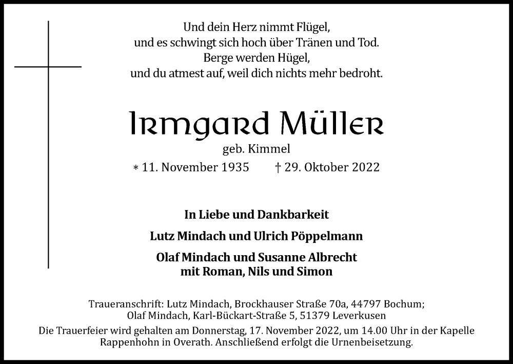  Traueranzeige für Irmgard Müller vom 12.11.2022 aus Kölner Stadt-Anzeiger / Kölnische Rundschau / Express