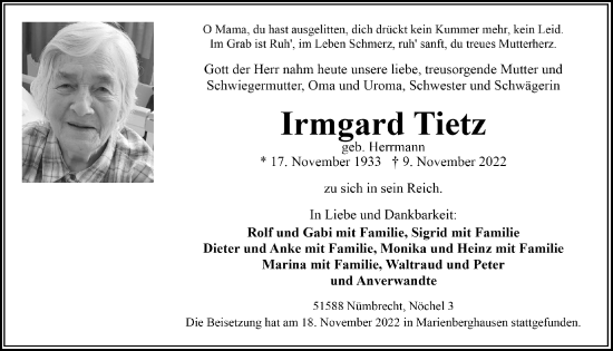 Anzeige von Irmgard Tietz von  Lokalanzeiger 