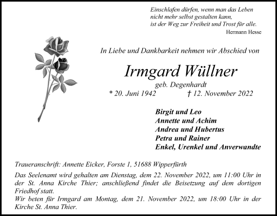 Anzeige von Irmgard Wüllner von Kölner Stadt-Anzeiger / Kölnische Rundschau / Express