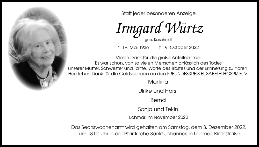  Traueranzeige für Irmgard Würtz vom 26.11.2022 aus Kölner Stadt-Anzeiger / Kölnische Rundschau / Express