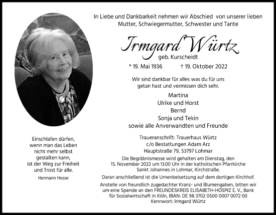 Anzeige von Irmgard Würtz von Kölner Stadt-Anzeiger / Kölnische Rundschau / Express