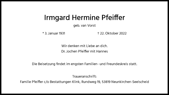 Anzeige von Irmgard Hermine Pfeiffer von Kölner Stadt-Anzeiger / Kölnische Rundschau / Express