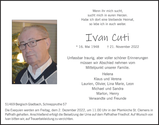 Anzeige von Ivan Cuti von  Bergisches Handelsblatt 