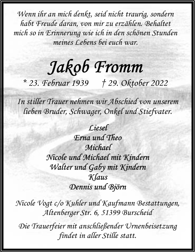  Traueranzeige für Jakob Fromm vom 12.11.2022 aus Kölner Stadt-Anzeiger / Kölnische Rundschau / Express
