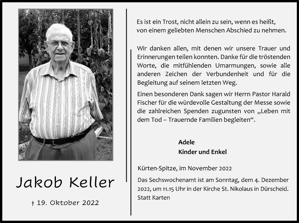  Traueranzeige für Jakob Keller vom 26.11.2022 aus Kölner Stadt-Anzeiger / Kölnische Rundschau / Express