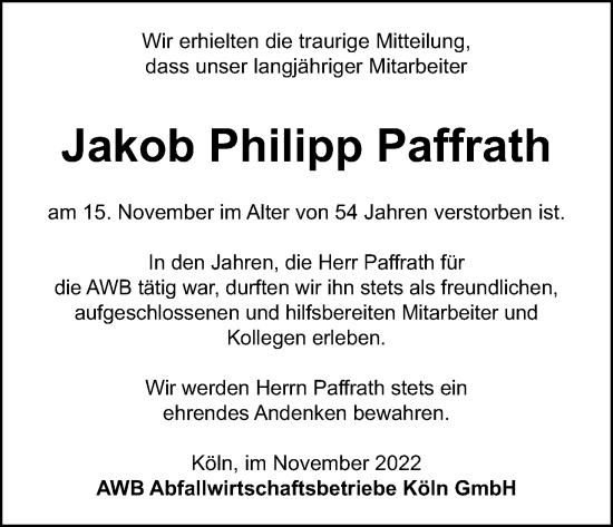 Anzeige von Jakob Philipp Paffrath von Kölner Stadt-Anzeiger / Kölnische Rundschau / Express