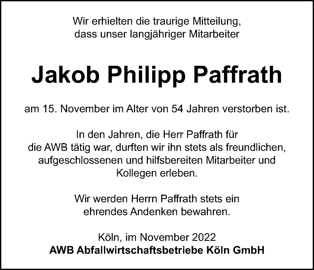  Traueranzeige für Jakob Philipp Paffrath vom 26.11.2022 aus Kölner Stadt-Anzeiger / Kölnische Rundschau / Express