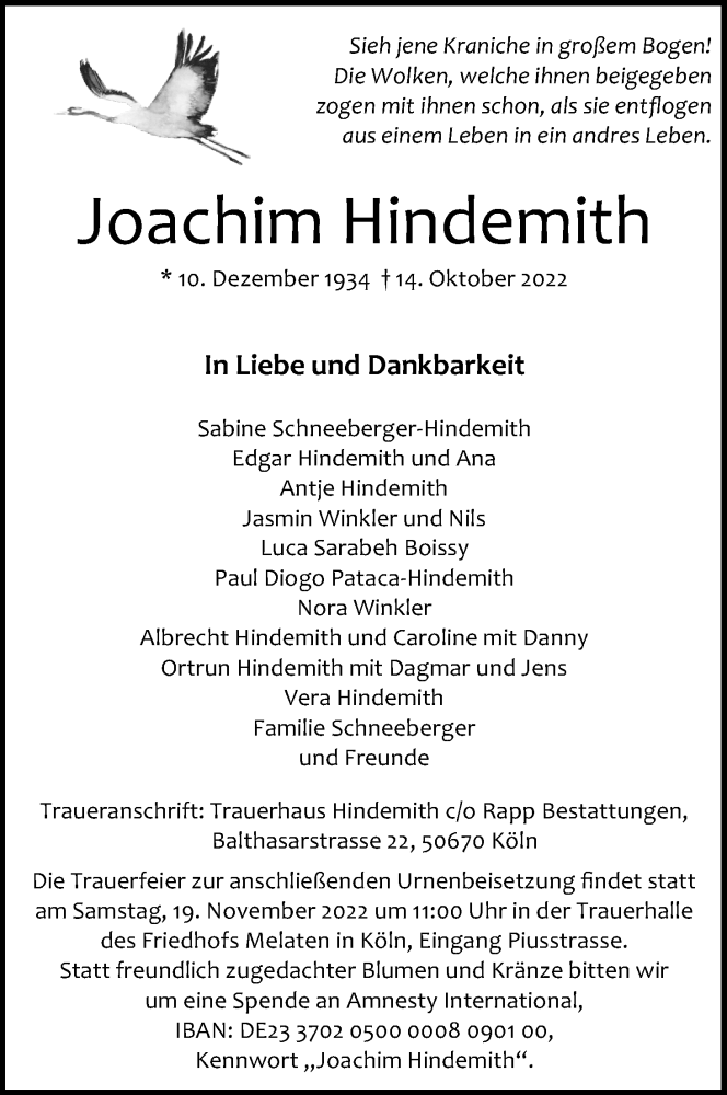  Traueranzeige für Joachim Hindemith vom 12.11.2022 aus Kölner Stadt-Anzeiger / Kölnische Rundschau / Express