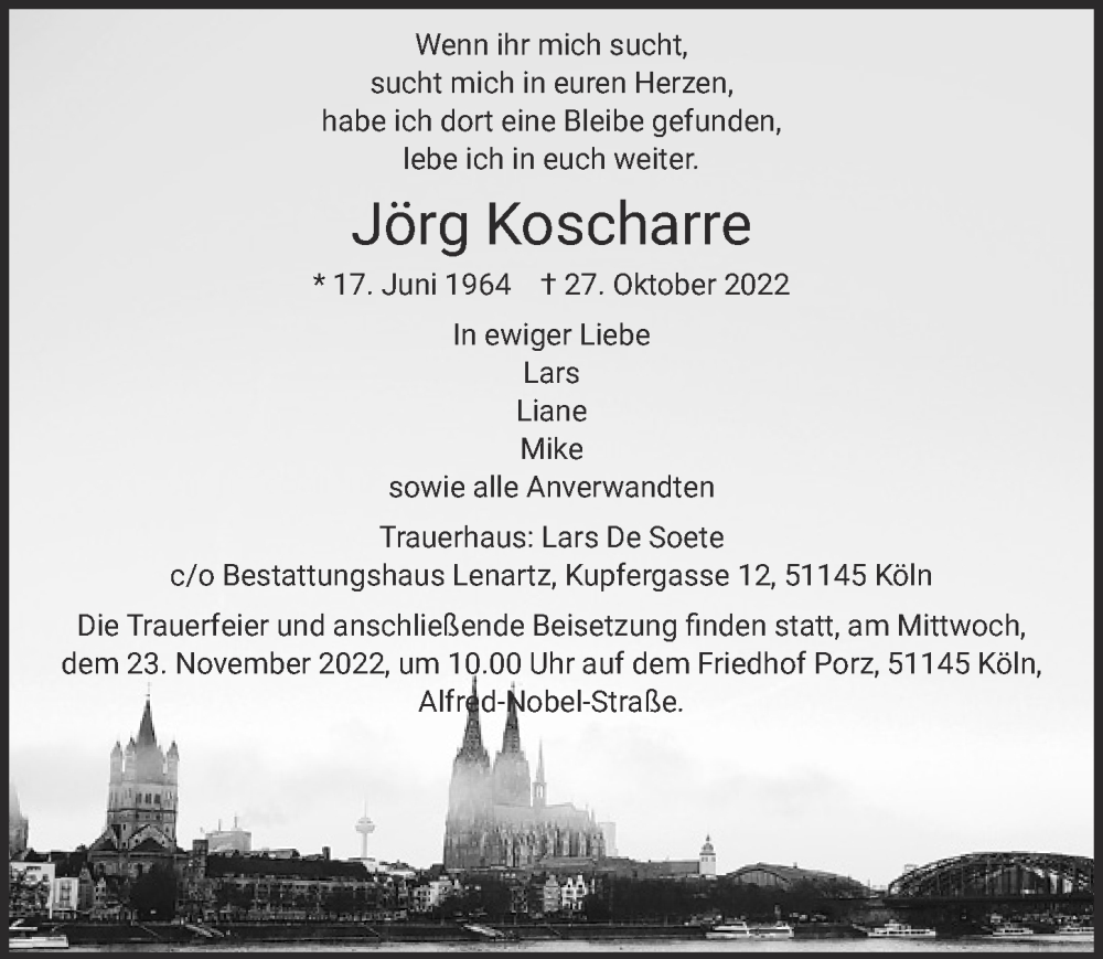  Traueranzeige für Jörg Koscharre vom 11.11.2022 aus  EXPRESS - Die Woche 