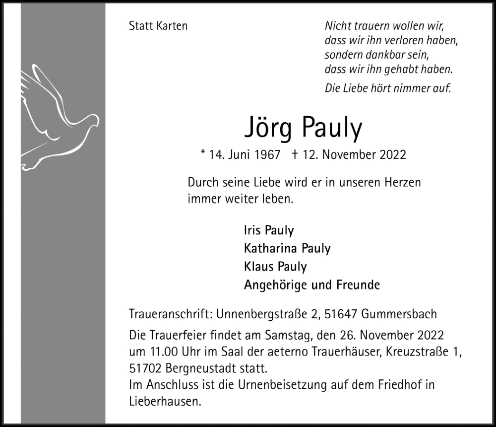  Traueranzeige für Jörg Pauly vom 18.11.2022 aus  Anzeigen Echo 