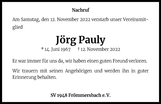 Anzeige von Jörg Pauly von Kölner Stadt-Anzeiger / Kölnische Rundschau / Express