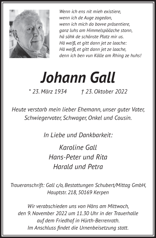Anzeige von Johann Gall von  Wochenende 