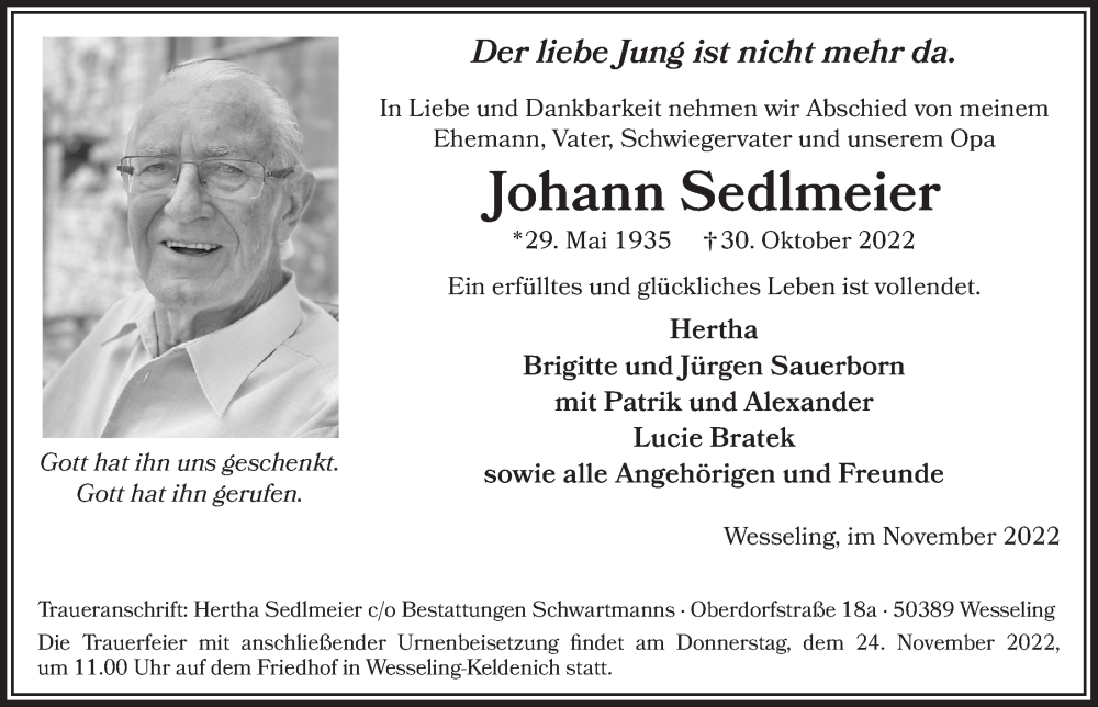  Traueranzeige für Johann Sedlmeier vom 18.11.2022 aus  Schlossbote/Werbekurier 