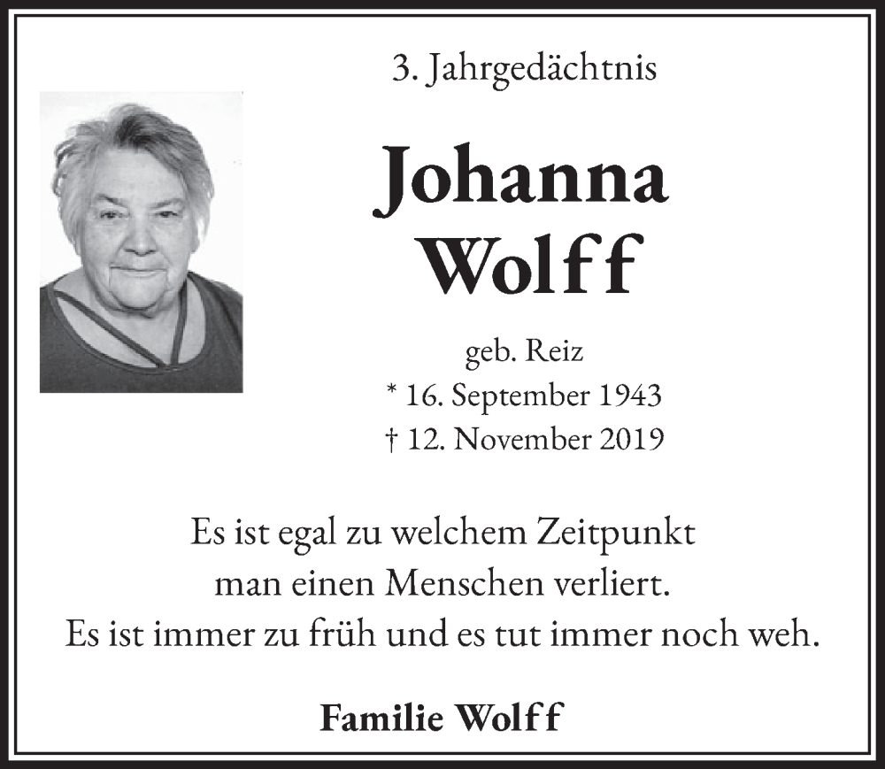  Traueranzeige für Johanna Wolff vom 11.11.2022 aus  Werbepost 