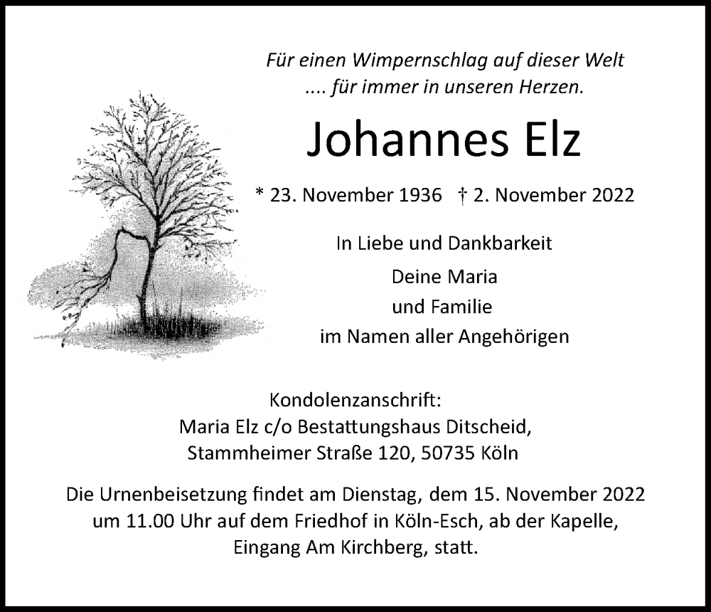  Traueranzeige für Johannes Elz vom 12.11.2022 aus Kölner Stadt-Anzeiger / Kölnische Rundschau / Express