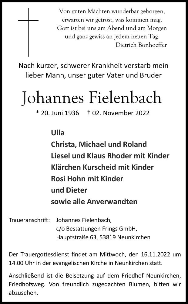  Traueranzeige für Johannes Fielenbach vom 12.11.2022 aus Kölner Stadt-Anzeiger / Kölnische Rundschau / Express