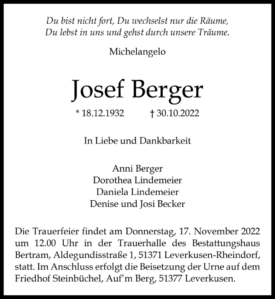  Traueranzeige für Josef Berger vom 11.11.2022 aus  Lokale Informationen 