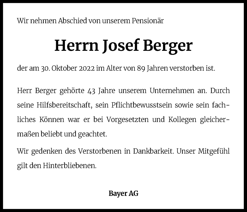  Traueranzeige für Josef Berger vom 12.11.2022 aus Kölner Stadt-Anzeiger / Kölnische Rundschau / Express