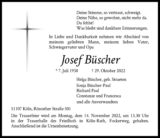 Anzeige von Josef Büscher von Kölner Stadt-Anzeiger / Kölnische Rundschau / Express