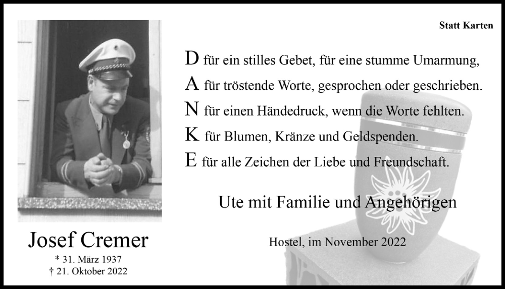  Traueranzeige für Josef Cremer vom 26.11.2022 aus  Blickpunkt Euskirchen 