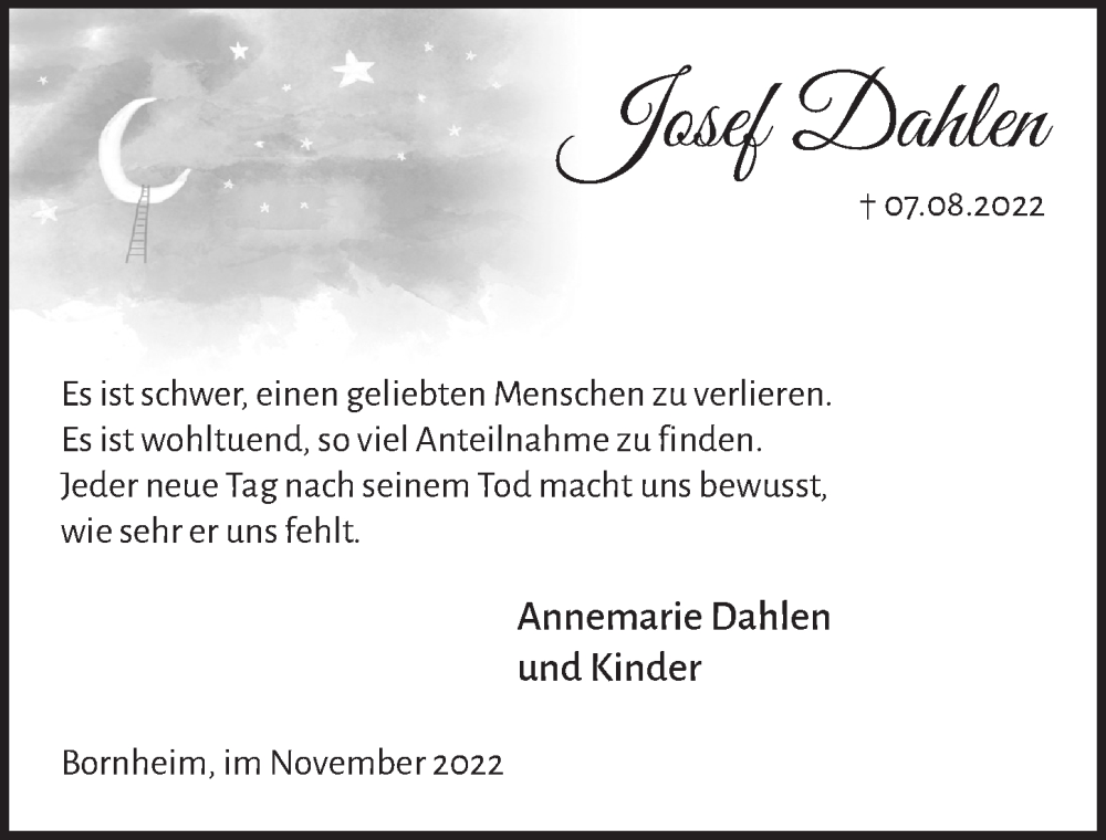  Traueranzeige für Josef Dahlen vom 11.11.2022 aus  Schaufenster/Blickpunkt 