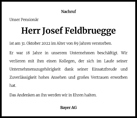 Anzeige von Josef Feldbruegge von Kölner Stadt-Anzeiger / Kölnische Rundschau / Express
