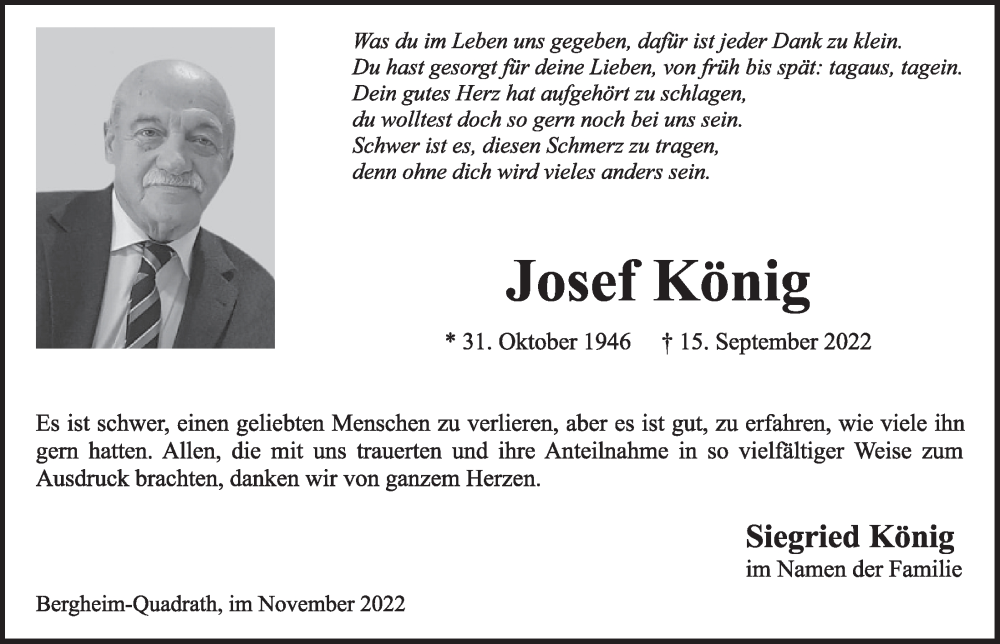  Traueranzeige für Josef König vom 04.11.2022 aus  Werbepost 