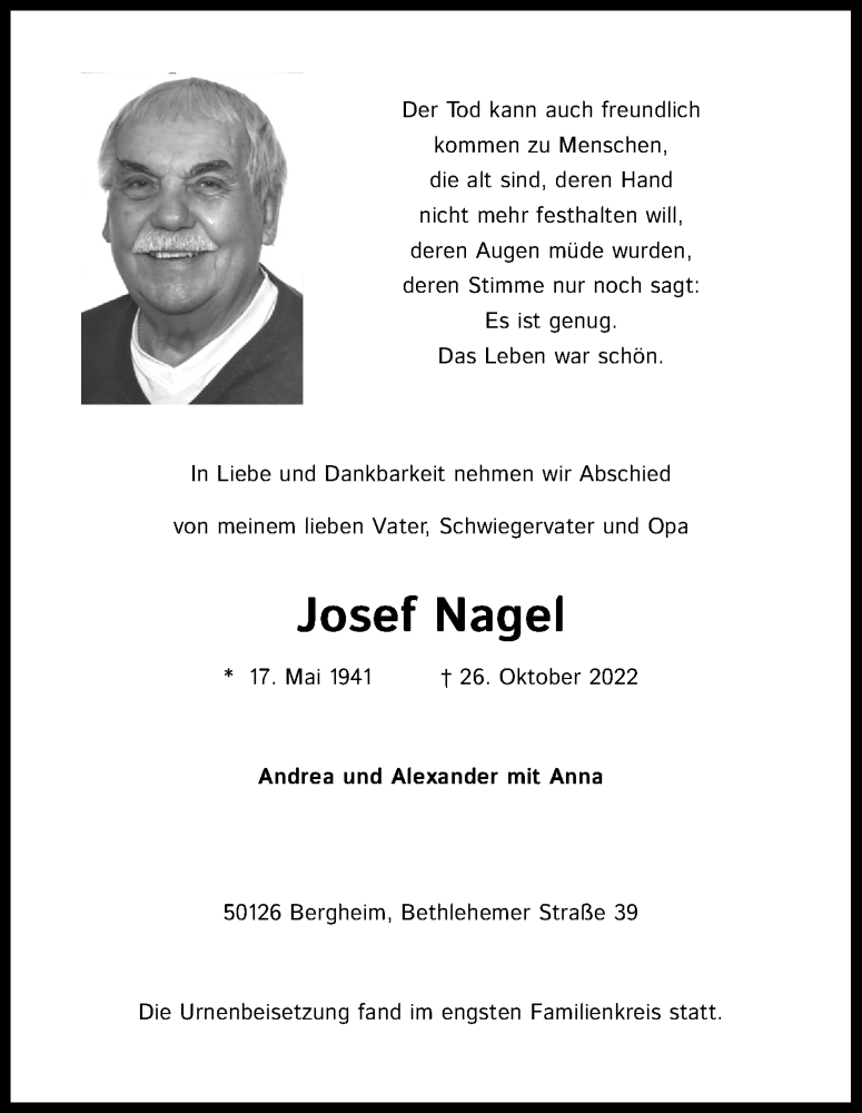 Traueranzeige für Josef Nagel vom 05.11.2022 aus Kölner Stadt-Anzeiger / Kölnische Rundschau / Express