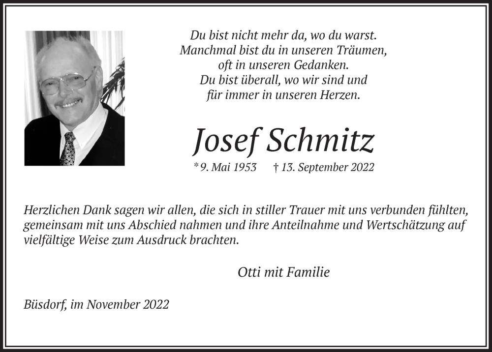  Traueranzeige für Josef Schmitz vom 11.11.2022 aus  Werbepost 