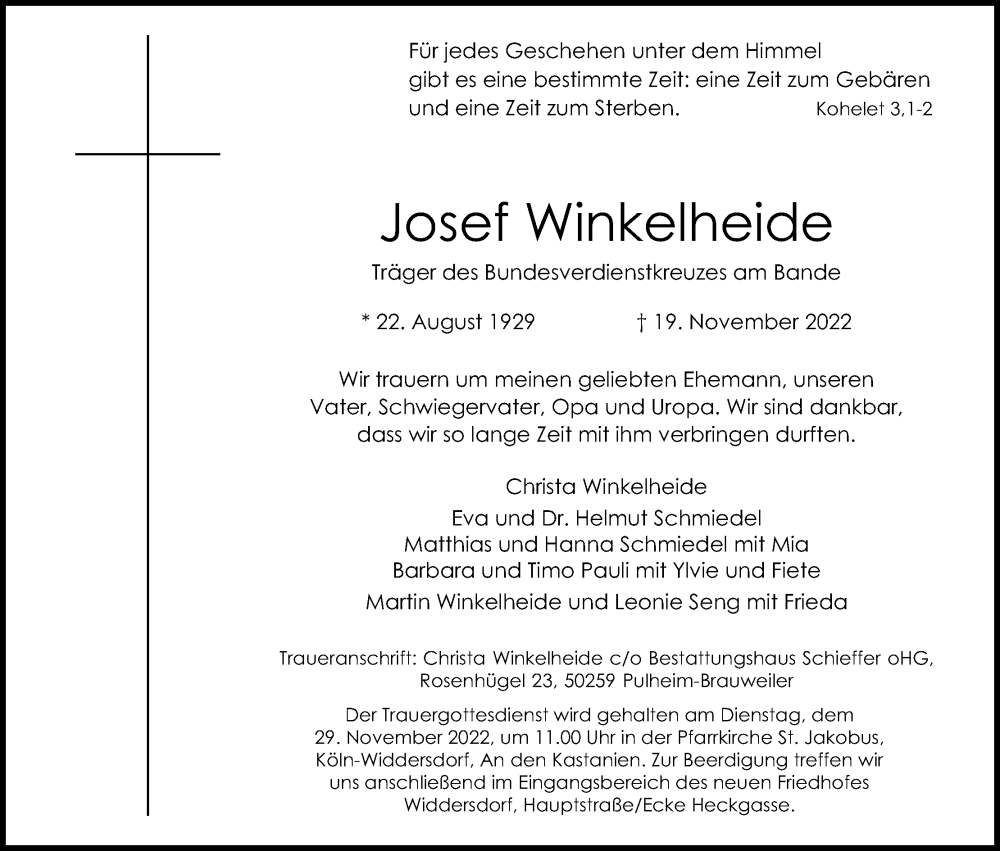  Traueranzeige für Josef Winkelheide vom 26.11.2022 aus Kölner Stadt-Anzeiger / Kölnische Rundschau / Express