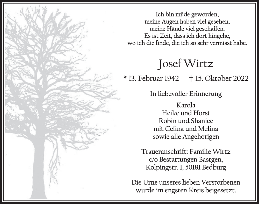  Traueranzeige für Josef Wirtz vom 18.11.2022 aus  Werbepost 