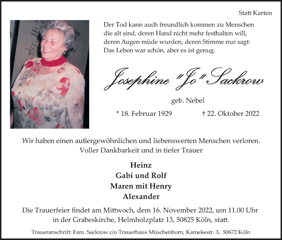 Anzeige von Josephine Sakrow von Kölner Stadt-Anzeiger / Kölnische Rundschau / Express