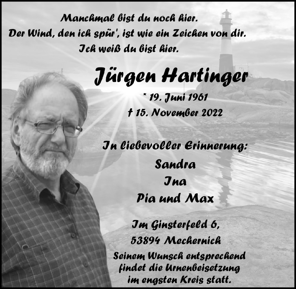  Traueranzeige für Jürgen Hartinger vom 19.11.2022 aus  Blickpunkt Euskirchen 