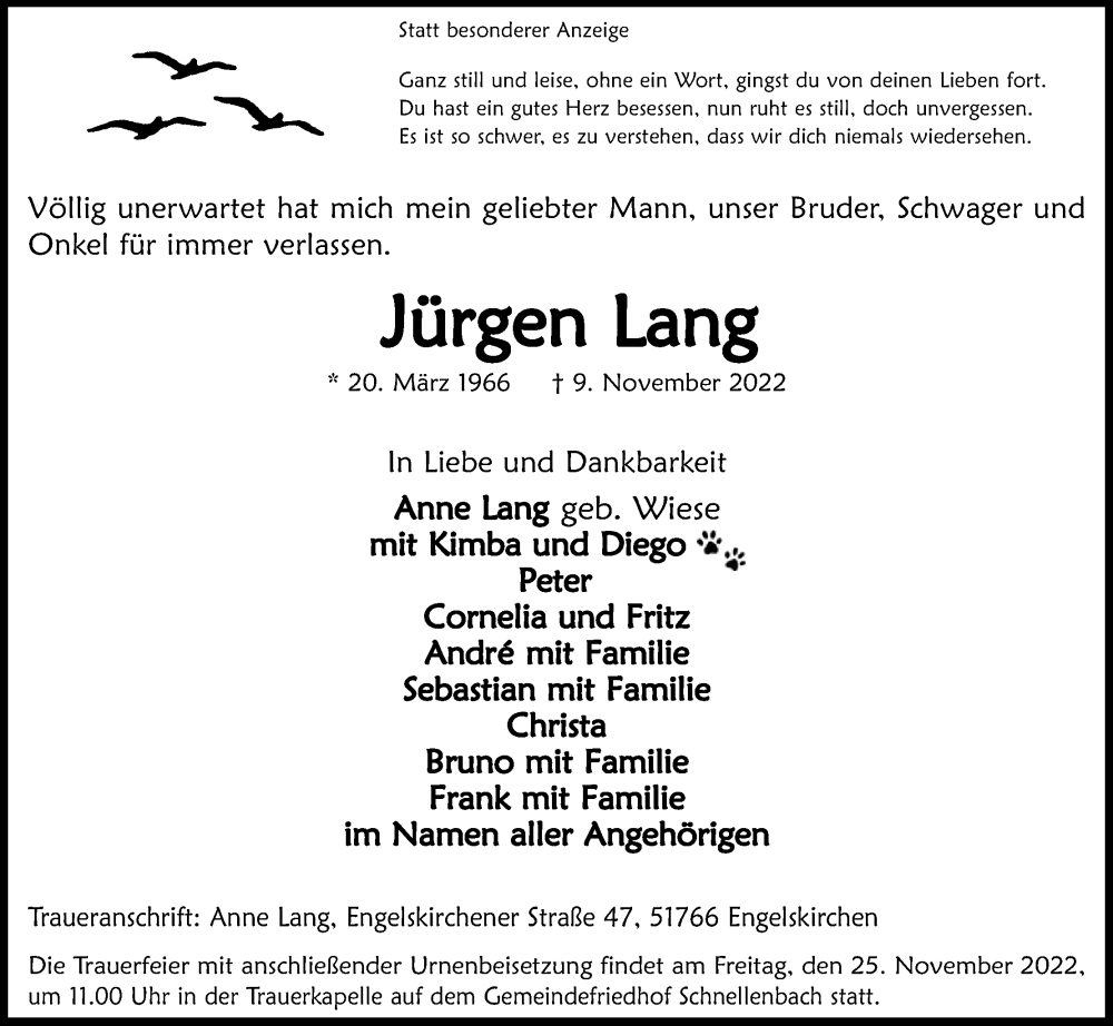  Traueranzeige für Jürgen Lang vom 19.11.2022 aus Kölner Stadt-Anzeiger / Kölnische Rundschau / Express