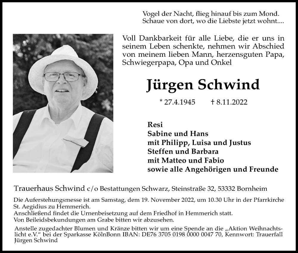  Traueranzeige für Jürgen Schwind vom 12.11.2022 aus Kölner Stadt-Anzeiger / Kölnische Rundschau / Express