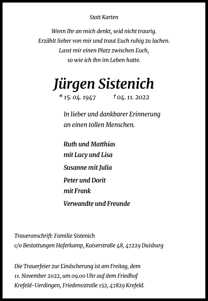  Traueranzeige für Jürgen Sistenich vom 09.11.2022 aus Kölner Stadt-Anzeiger / Kölnische Rundschau / Express