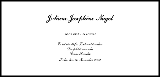 Anzeige von Juliane Josephine Nagel von Kölner Stadt-Anzeiger / Kölnische Rundschau / Express