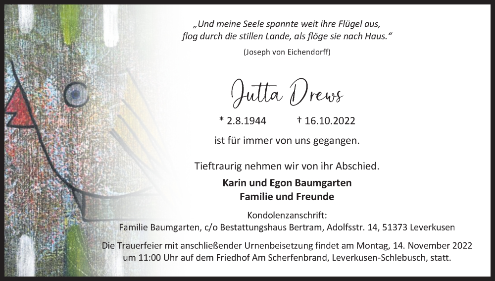  Traueranzeige für Jutta Drews vom 05.11.2022 aus Kölner Stadt-Anzeiger / Kölnische Rundschau / Express
