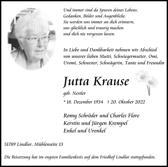 Anzeige von Jutta Krause von Kölner Stadt-Anzeiger / Kölnische Rundschau / Express