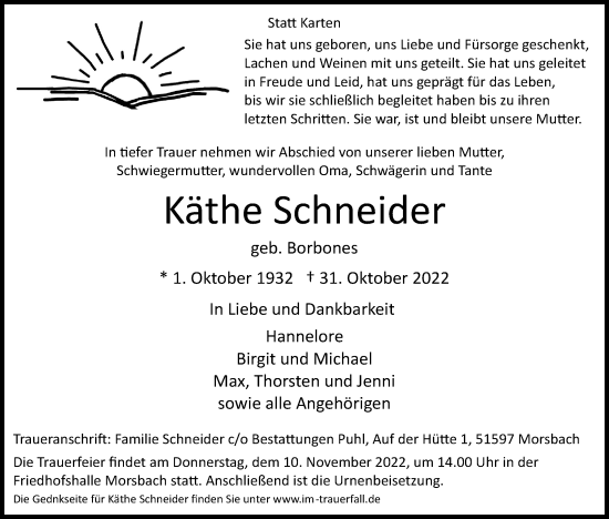 Anzeige von Käthe Schneider von Kölner Stadt-Anzeiger / Kölnische Rundschau / Express
