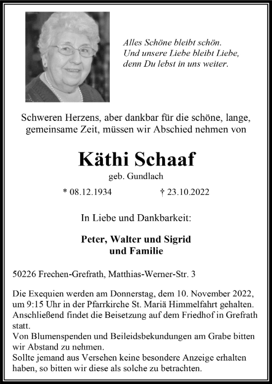 Anzeige von Käthi Schaaf von  Wochenende 