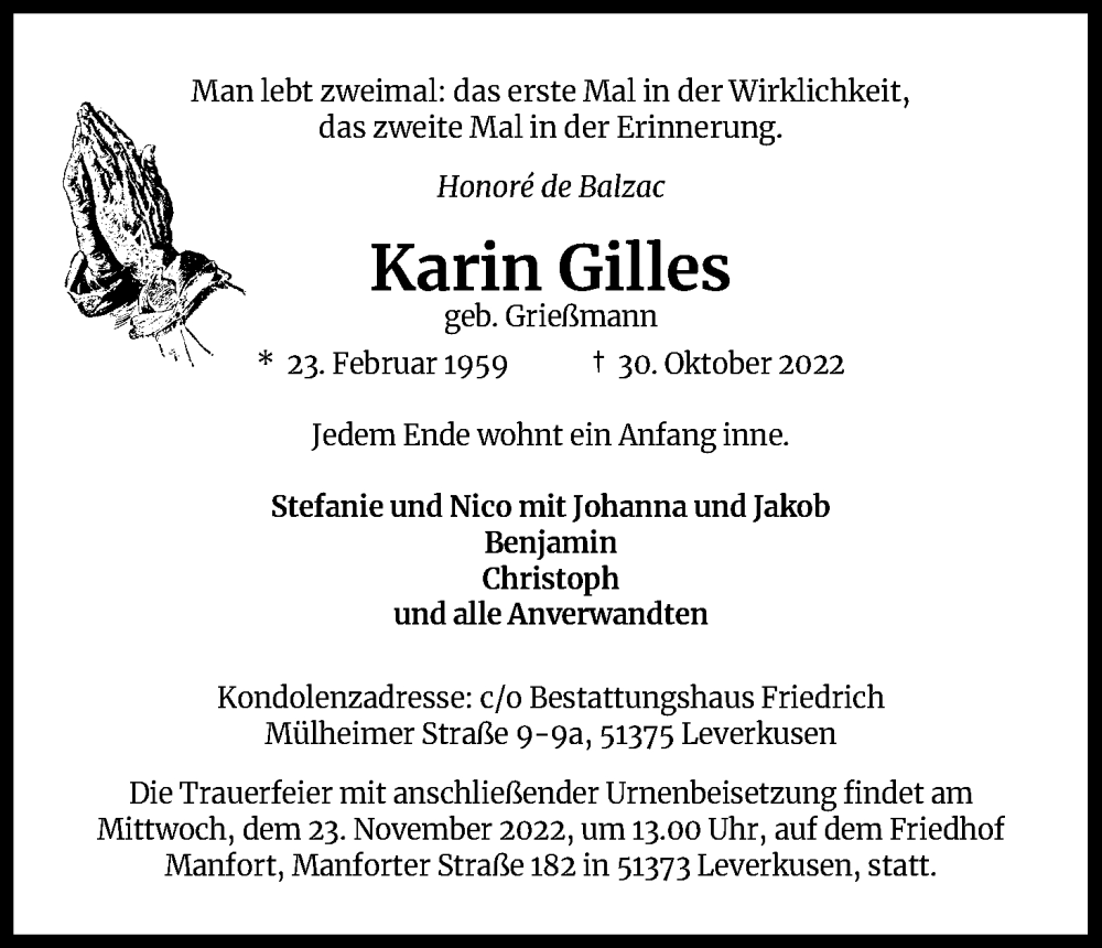  Traueranzeige für Karin Gilles vom 19.11.2022 aus Kölner Stadt-Anzeiger / Kölnische Rundschau / Express