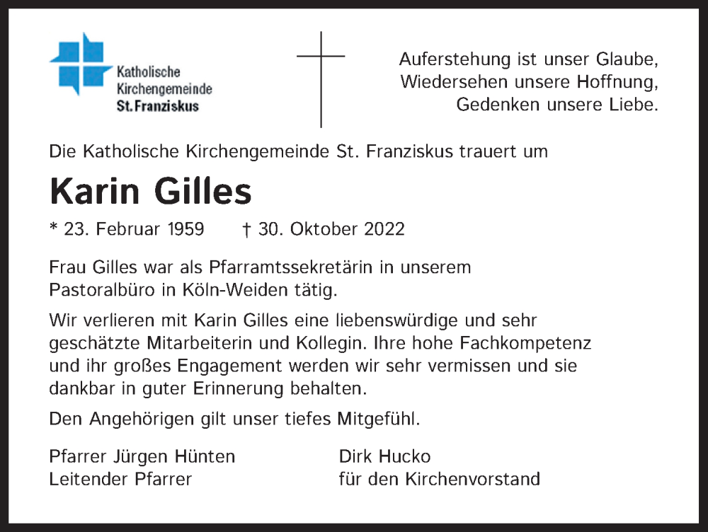  Traueranzeige für Karin Gilles vom 19.11.2022 aus Kölner Stadt-Anzeiger / Kölnische Rundschau / Express
