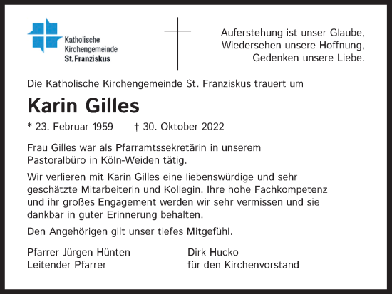 Anzeige von Karin Gilles von Kölner Stadt-Anzeiger / Kölnische Rundschau / Express