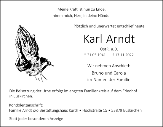 Anzeige von Karl Arndt von Kölner Stadt-Anzeiger / Kölnische Rundschau / Express