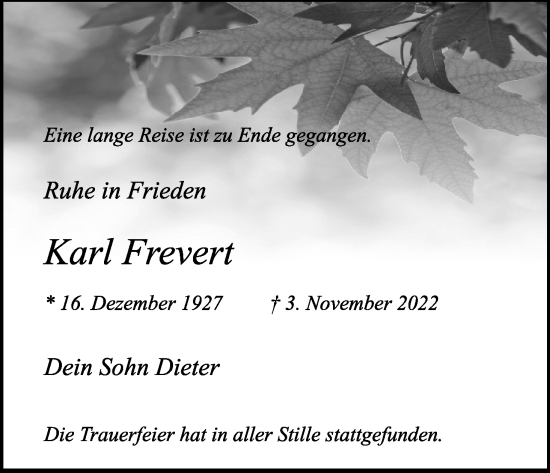 Anzeige von Karl Frevert von Kölner Stadt-Anzeiger / Kölnische Rundschau / Express