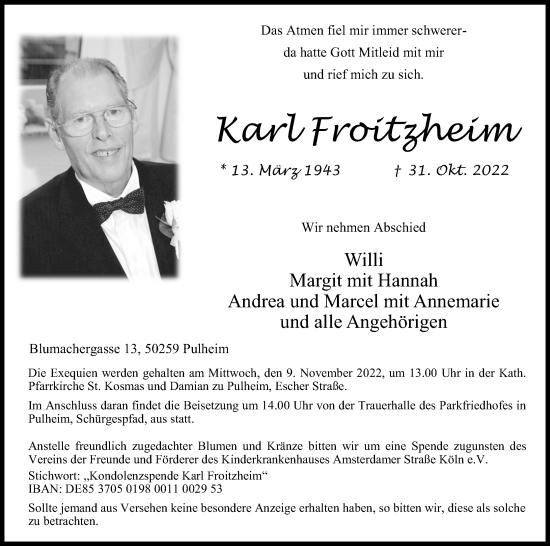 Anzeige von Karl Froitzheim von Kölner Stadt-Anzeiger / Kölnische Rundschau / Express