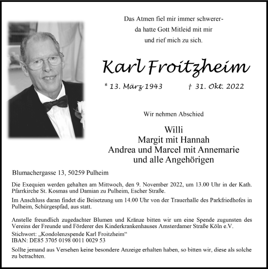 Anzeige von Karl Froitzheim von  Wochenende 